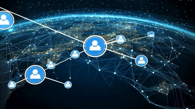Connected earth with people icons. A network over earth with glowing connections and blue icons representing people over the globe - Powered by Adobe