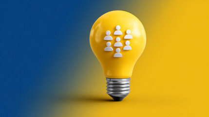 Yellow light bulb with group of people icon representing teamwork, collaboration, and creativity against a blue and yellow background