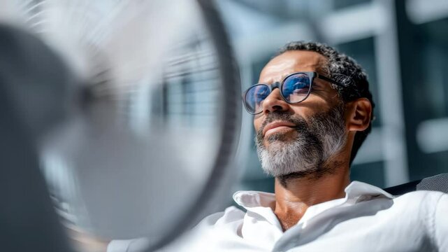Bearded man in glasses and white shirt relaxes as fan blows air toward him in bright, modern setting, concept of summer heat relief and indoor comfort