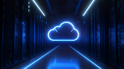 Futuristic data center with glowing cloud icons representing cloud computing and digital storage.
