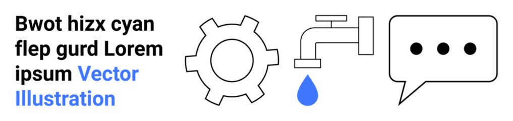 Gear, faucet with blue droplet, and speech bubble represent technology, water conservation, communication, environmental awareness, industrial processes, public utilities, and simple landing page