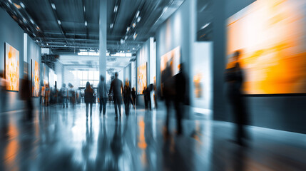 Fototapeta premium Blurred crowd walking through a modern art gallery or exhibition hall with illuminated displays. 