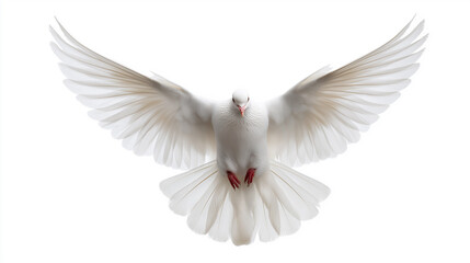 Obraz premium White dove in mid-flight with wings fully spread against a clean white background. 