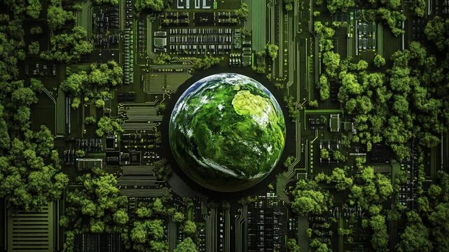 Digital Earth: A striking visual blend of technology and the environment, highlighting the need for sustainability and the integration of nature with digital advancement. 