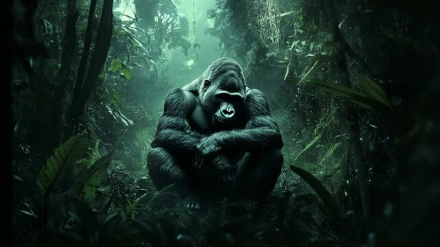 A gorilla is sitting in the jungle. Scene is dark and mysterious. The gorilla is looking down, and the jungle is filled with trees and plants
