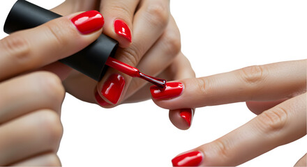 Woman Applying Red Nail Polish to Fingernails Close Up Isolated on Transparent Background
