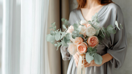Close-up of a woman holding a beautiful bouquet of soft pink roses and eucalyptus leaves, with sunlight streaming through a window.
