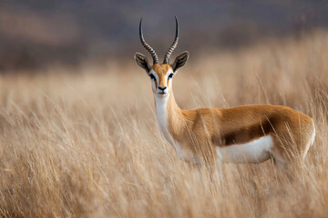 a gazelle standing in a field of tall grass