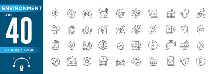 Set of 40 outline icons related to environment. Linear icon collection. Editable stroke. Vector illustration