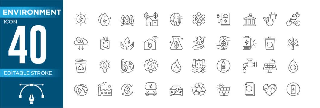 Set of 40 outline icons related to environment. Linear icon collection. Editable stroke. Vector illustration