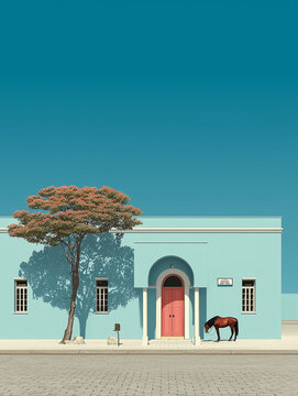 A minimalist, analytique - style poster of a neoclassical villa with a horse. A building by Luis Barragan. 