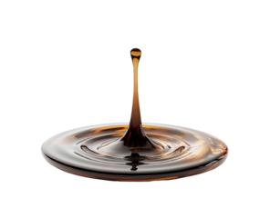 Dark liquid droplet impacting surface, creating concentric ripples and a thin, elegant spire