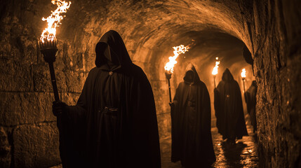 Stonehenge Solstice Gathering, Mysterious Hooded Figures with Torches Walking through a Dark Stone Tunnel