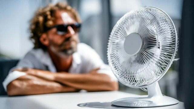 Curly-haired man in white shirt leans on a table, gazing at a running fan, trying to beat the summer heat indoors, concept of temperature relief and hot weather discomfort