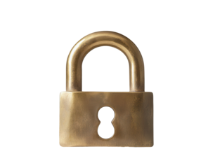 A weathered brass padlock, slightly tarnished, shows a keyhole and sturdy, curved shackle