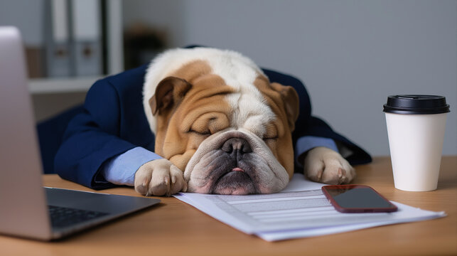 Bulldog in a business suit sleeping on a desk with a laptop, coffee cup, and paperwork.
