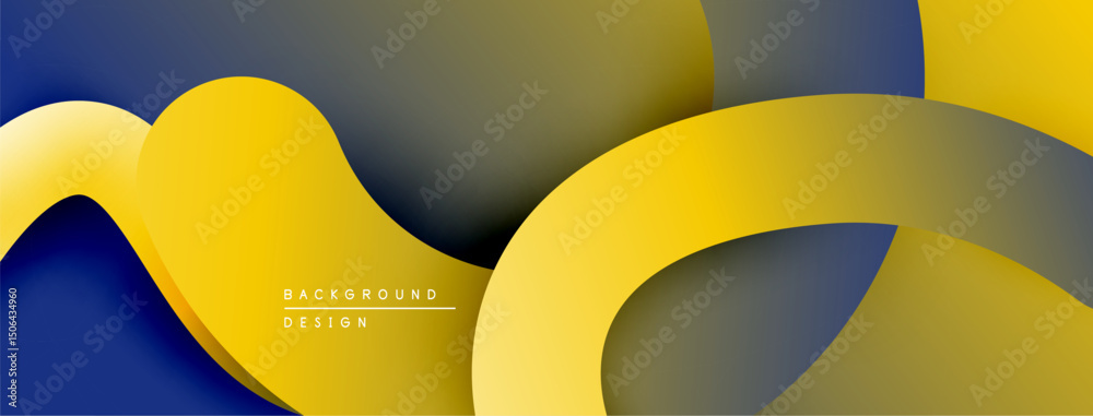 Poster abstract background features flowing yellow shapes over dark blue, gray gradients. modern design, si
