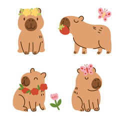 Hand drawn Cute Capybaras with Flowers Spring set