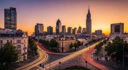 Breathtaking Cityscape During Golden Hour, Featuring Vibrant Moving Traffic Lights, Warm Sunset Glow Reflecting on Skyscrapers, Busy Urban Streets, and the Dynamic Energy of a Modern Metropolis