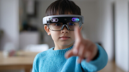 Young boy wearing augmented reality glasses and interacting with a virtual interface in a modern indoor setting.
