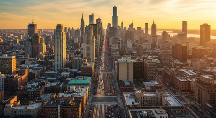 Fototapeta premium Breathtaking Cityscape During Golden Hour, Featuring Vibrant Moving Traffic Lights, Warm Sunset Glow Reflecting on Skyscrapers, Busy Urban Streets, and the Dynamic Energy of a Modern Metropolis