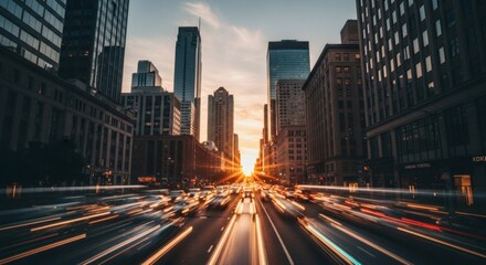 Fototapeta premium Breathtaking Cityscape During Golden Hour, Featuring Vibrant Moving Traffic Lights, Warm Sunset Glow Reflecting on Skyscrapers, Busy Urban Streets, and the Dynamic Energy of a Modern Metropolis