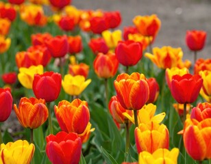 Obraz premium Vibrant red and yellow tulips blooming in a garden. A close-up shot showcasing the beauty of spring flowers.
