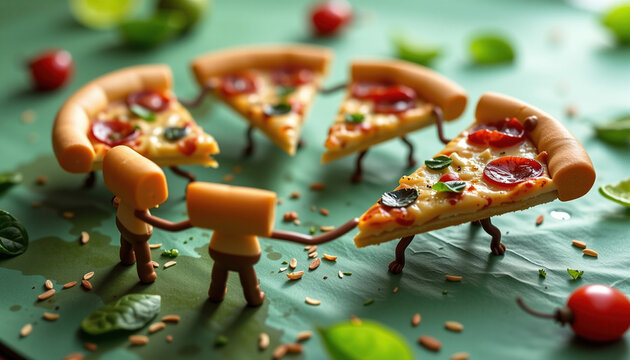 Miniature figures holding pizza slices, playful scene with vibrant colors, showcasing teamwork and fun in whimsical setting