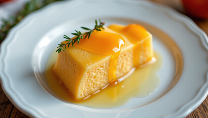 Delicious dessert featuring smooth, creamy texture topped with sweet syrup and garnished with fresh herb, evoking sense of indulgence