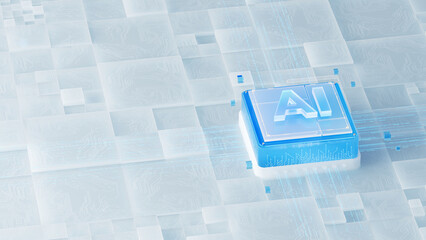 Futuristic Blue AI Cube Standing Out on a Mosaic of Translucent Tech - Inspired Tiles, Suitable for AI-related tech publicity scenarios