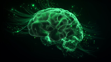 Fototapeta premium Digital rendering of a glowing green brain surrounded by neural network connections and data streams on a dark background. 