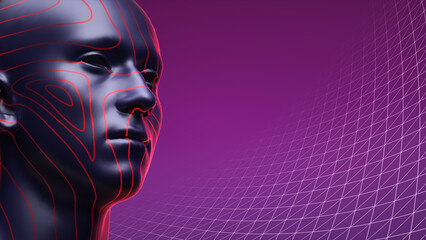 Futuristic style human headshot applicable to artificial intelligence and metaverse rendered in dark tones and bright red overlay lines on a purple and geometric background
