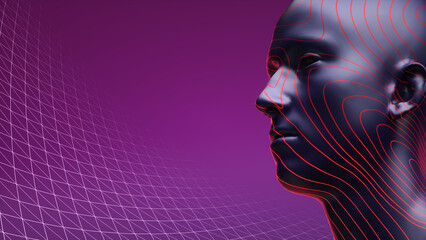 Futuristic style human headshot applicable to artificial intelligence and metaverse rendered in dark tones and bright red overlay lines on a purple and geometric background