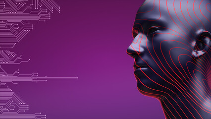 A Futuristic Profile of a Human - like Figure with Circuit - inspired Red Lines against a Purple Backdrop, Can be used for AI-related promotional productions