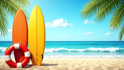Surfboards and life preserver on a tropical beach with palm trees