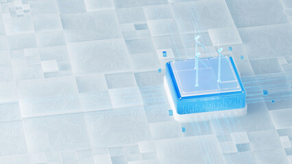 A miniature wind turbine countered on a futuristic blue-tinted chip and circuit background, suitable for green energy and AI chip scenarios