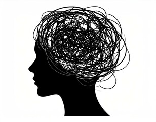 Silhouette of a woman's head with tangled lines symbolizing mental chaos, stress, or anxiety.  A powerful visual metaphor.