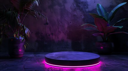 cyberpunk-style platform with magenta light, isolated object, decorative house plant, minimalistic backdrop