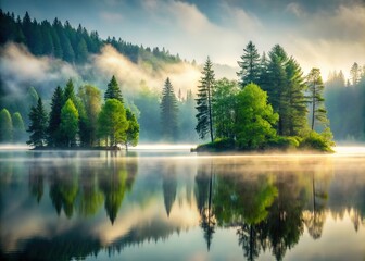 Misty Sunrise Over a Serene Mountain Lake with Lush Green Islands