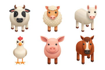 Fototapeta premium Adorable Farm Animals Cartoon Set Cow Sheep Goat Pig Chicken Horse
