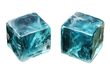 Obraz premium Two translucent teal cubes, seemingly ice, exhibit internal crystalline structures and slight variations in shade and texture