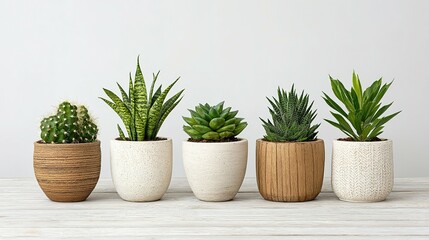 Fototapeta premium A collection of potted succulents and cacti displayed on a light wood surface.