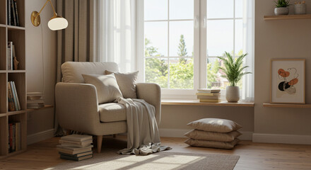 Warm, sunlit reading nook with cushions, books, and plants by a large window — Japandi-inspired calm.