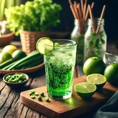 a glass of green soda with ice and lime