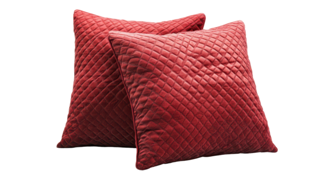 Two deep red velvet square cushions, diamond-quilted, slightly overlapping