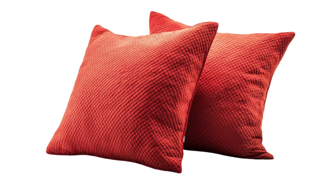 Two coral-red square cushions with a subtle textured weave, displayed against a black background
