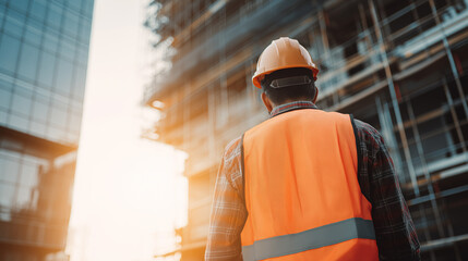 Construction worker in safety gear observing building site at sunset, symbolizing progress and development.

