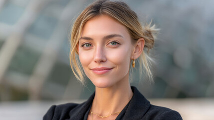 Obraz premium Confident young woman with blonde hair smiles gently showing economic growth and positive energy natural outdoor setting