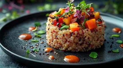 Wandcirkels Restaurant Close up of quinoa salad with squash and flowers on a plate food  © Junaed Ahamed Sakib