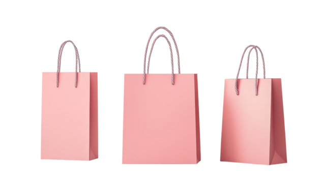 Three blush-pink paper shopping bags in varying perspectives, showcasing their simple design and handles